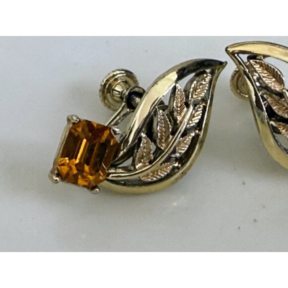 Vintage 50's Coro Flower Brooch & Earring Set Orange Rhinestones - Picture 5 of 12